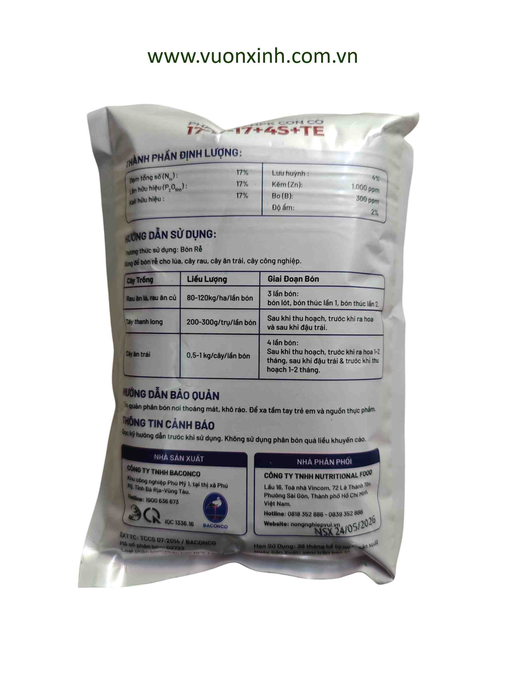 NPK CON CÒ 17-17-17+4S+TE GÓI 500GR - Ảnh 2